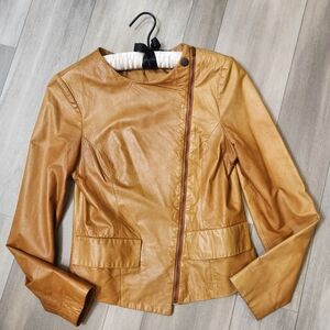Geren Ford biker jacket women's XS tan faded glove leather silk short bomber Y2K